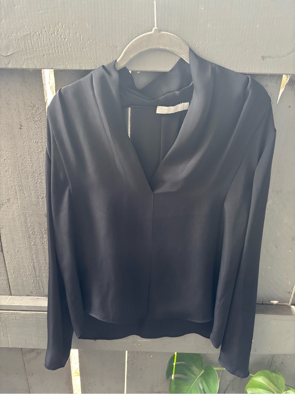 Vince Black Draped V-Neck Long-Sleeve Blouse